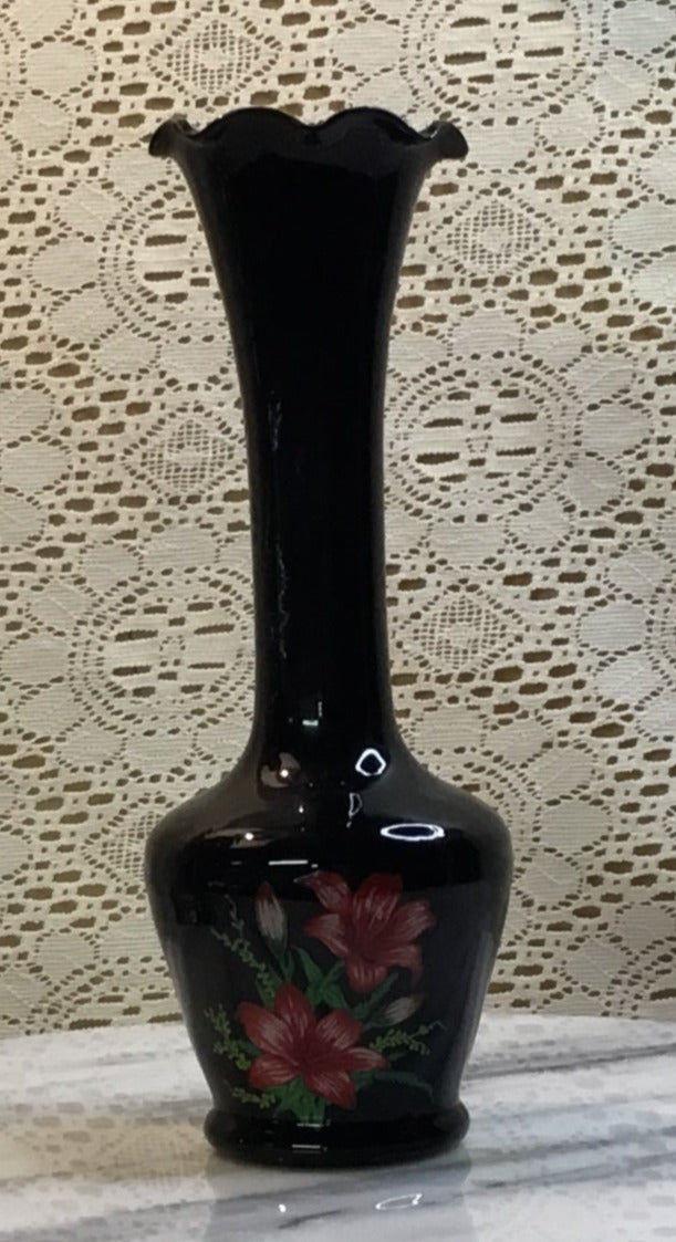 Vintage Black Amethyst Vase With Ruffled Rim